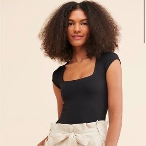 Free People Black Short Sleeve Bodysuit